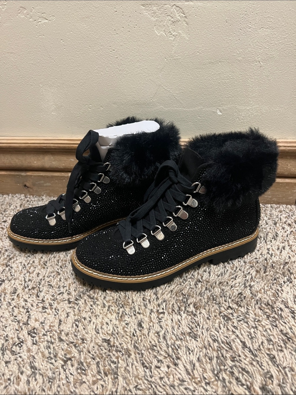 NWOT INC International Concepts Black Glitter Faux-Fur Ankle Boots